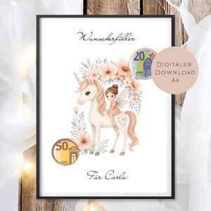 Birthday cash gift unicorn fairy I voucher for horse I girl gift name print out I give money I birthday gift PDF A4