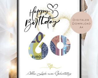 Money gift for a 60th birthday | Printable wish fulfiller | Gift voucher | Birthday gift PDF printable birthday card