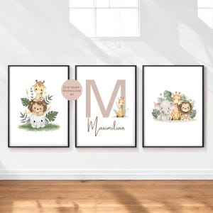 Lote de 3 láminas con animales, elefante, león, jirafa, nombre, regalo personalizado, nacimiento, cumpleaños, habitación infantil, PDF A4, impresión digital