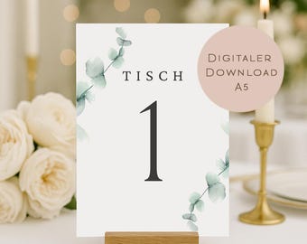 Hochzeit Tischnummern Zahlen 1-20 A5 PDF | Tischordnung Hochzeit Sitzplan zum Ausdrucken  |Duckvorlage Tischkarten Hochzeit Eukalyptus Boho
