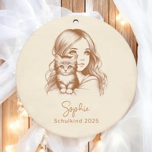 Anhänger Schulkind 2026 l Holz Schultütenanhänger Name personalisiert l Einschulung Geschenke Schultüte Zuckertüte l Schulanfang Einschulung Mädchen mit Katze