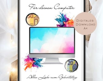 Digital birthday money gift, computer PC gamer, give money, gift voucher, birthday present, wish fulfiller, download A4