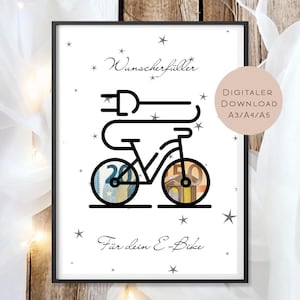 May include: Black framed print featuring a stylized black bicycle with a plug, and wheels made of Euro banknotes. The print includes text in German and a digital download label. The background is white with star accents.