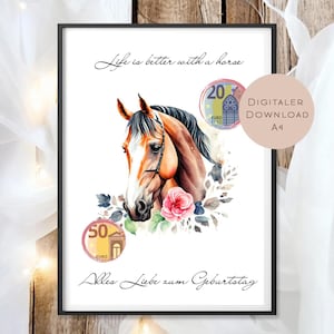 Horse cash gift I Voucher for horse girls I Gift idea riding print out I Birthday cash gift I Birthday gift PDF A4