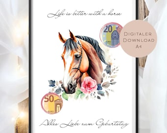 Horse-themed cash gift | Gift certificate for horse-loving girls | Printable riding gift idea | Birthday money gift | Birthday gift PDF A4