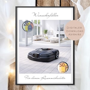Pode incluir: Impressão digital emoldurada com um robô cortador de grama em um ambiente doméstico moderno. A impressão inclui o texto "Digital Download A3/A4/A5" e elementos decorativos que se assemelham a moeda. Tema: decoração de casa.