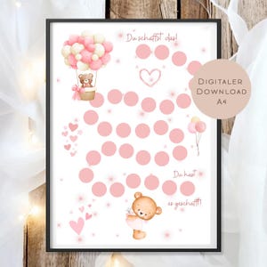 Cuadro de recompensas digitales, motivación de recompensas, niños, oso de peluche rosa, niña, matriculación escolar, cono escolar, escolar, 2025, PDF en A4 para imprimir