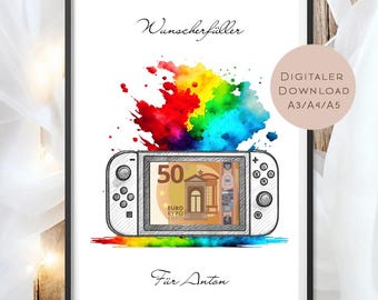 Cash gift game console l Birthday money gift l Gamer gift gamer l Voucher birthday gift name personalized PDF