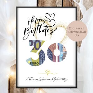 Cash gift for 30th birthday, give money, gift voucher, birthday gift, wish fulfiller, printable immediately, download PDF A4