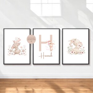 Lote de 3 carteles con nombre de conejo personalizado, inicial, regalo nacimiento, cumpleaños, habitación infantil, habitación bebé, conejo PDF en A4 para imprimir digitalmente