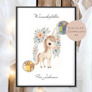 Birthday cash gift unicorn I voucher for horse I girl gift name to print out I give money I birthday gift PDF A4