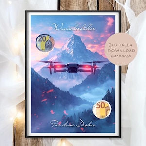 Puede incluir: Impresión digital enmarcada que representa un dron volando sobre una cordillera bajo un cielo de puesta de sol. La impresión incluye el texto "Wunscherfüller" y "Für deine Drohne", junto con dos gráficos circulares con valores de moneda.
