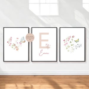 Lote de 3 carteles con nombre de mariposas y flores silvestres, regalo personalizado para nacimiento, cumpleaños, habitación infantil, PDF A4 para imprimir digitalmente.