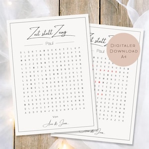 Puede incluir: Dos rompecabezas de búsqueda de palabras enmarcados con el texto "Zeit statt Zeug" y "Paul" en la parte superior. Los rompecabezas son en blanco y negro con una fuente manuscrita. Las palabras están en una cuadrícula. El texto "Digitaler Download A4" está en una pegatina redonda.