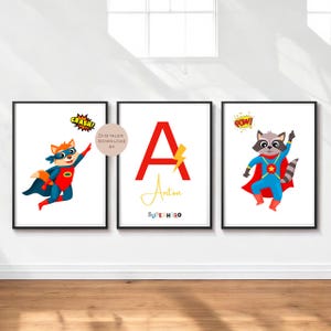 Lote de 3 posters imagen superhéroe niño héroe nombre personalizado inicial regalo nacimiento cumpleaños habitación infantil PDF A4 para imprimir digitalmente