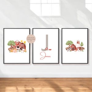 Lote de 3 carteles con animales, tractor agrícola, nombre, regalo personalizado, nacimiento, cumpleaños, habitación infantil, PDF A4 para imprimir digitalmente