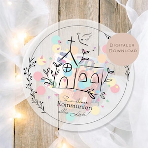 May include: A digital download graphic featuring a church illustration with a cross, dove, and floral accents. The design includes the text "Zu deiner Kommunion alles Liebe!" and the words "DIGITALER DOWNLOAD" in a circular frame, with colorful confetti.