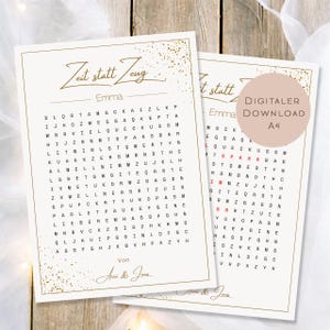 Könnte beinhalten: Zwei beige Wortsuchrätsel mit goldenem Text und Akzenten. Die Rätsel haben die Wörter "Zeit statt Zeug" und "Emma" oben. Ein Puzzle hat einen runden Aufkleber mit der Aufschrift "Digitaler Download A4".