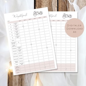 May include: Two A5-sized printable game sheets for a dice game. The sheets have a light pink header and footer, with the text "DIGITALER DOWNLOAD A5" on a circular sticker. The game name "Würfelspaß" is at the top.