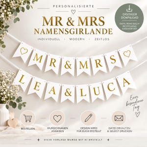 May include: A digital download template for a personalized banner featuring white pennants with gold lettering. The top row displays MR & MRS and the bottom row displays LEA & LUCA. Each pennant has a gold heart icon. Text includes PERSONALISIERTE MR & MRS NAMENSGIRLANDE.