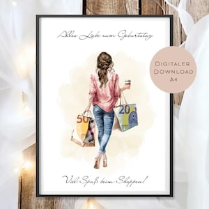 Könnte beinhalten: Digitaler Kunstdruck mit einer Frau mit Einkaufstaschen und einer Kaffeetasse. Der Druck enthält den Text "Alles Liebe zum Geburtstag" und "Viel Spaß beim Shoppen!" in schwarzer Schrift. Ein kreisförmiges Etikett lautet "DIGITALER DOWNLOAD A4".