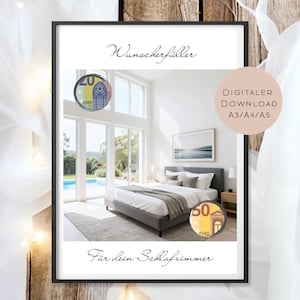 May include: A framed digital download print featuring a bedroom scene with a bed, large windows, and a pool view. The print includes text in German and Euro currency imagery. The print is available in A3, A4, and A5 sizes.