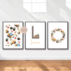 Conjunto de 3 carteles con imagen de excavadora, tractor, obra de construcción, nombre personalizado, regalo inicial, nacimiento, cumpleaños, habitación infantil, PDF A4 para imprimir digitalmente