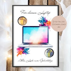 Puede incluir: Impresión digital enmarcada con una ilustración de portátil y acentos de acuarela coloridos. La impresión incluye texto en alemán, imágenes de billetes en euros y una etiqueta circular que dice "DIGITALER DOWNLOAD A4".