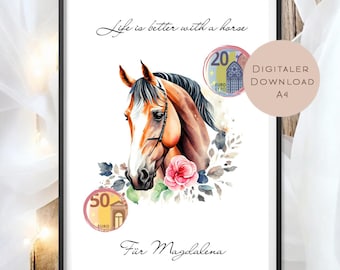 Horse cash gift I Voucher for horse girls I Gift idea riding print out I Birthday cash gift I Birthday gift PDF A4