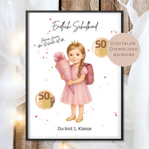 Peut inclure: Une affiche encadrée avec une illustration à l'aquarelle d'une jeune fille en robe rose tenant un grand cadeau rose en forme de cône. L'affiche comprend du texte allemand, des accents dorés et les mots "Digital Download A3/A4/A5".
