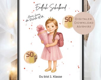 Geldcadeau voor een schoolkind | Terug naar school voor meisjes | Cadeau voor de start van het schooljaar | Geldcadeaus voor de start van het schooljaar | Printbaar cadeau voor een schoolconus (PDF)
