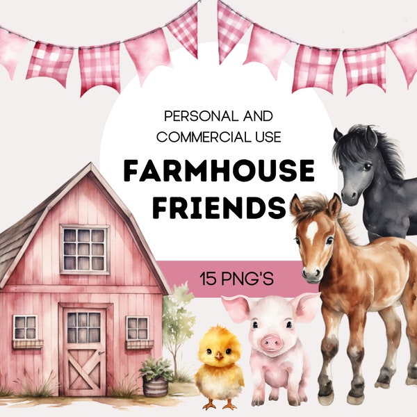 Watercolor Farmhouse Friends Clipart Set, Birthday Clipart, Farm Animals Clipart, Commercial Use Clipart, Nursery Decor Clipart