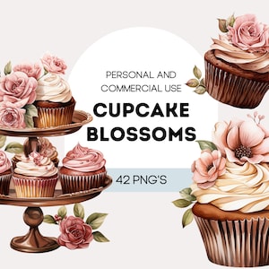 Bloemen cupcake clipartset - aquarel cupcakes versierd met bloemen, perfect voor verjaardagen, bakkerijontwerpen, boho- en boerderijstijl