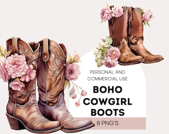 Watercolor Boho Cowgirl Boot Clipart, Wedding Clipart Png, Shower Clipart, Commercial Use Clipart, Wall Art Clipart, Bohemian Farmhouse