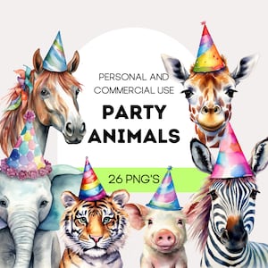 Conjunto de imágenes prediseñadas de animales de fiesta en acuarela, imágenes prediseñadas de cumpleaños, imágenes prediseñadas de animales divertidos, imágenes prediseñadas de uso comercial, imágenes prediseñadas de celebración, safari en la granja