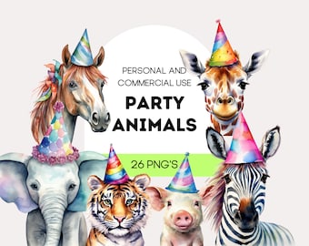 Watercolor Party Animals Clipart Set, Birthday Clipart, Funny Animals Clipart, Commercial Use Clipart, Celebration Clipart, Farm Safari