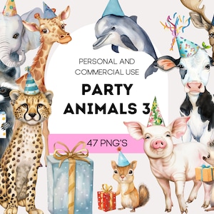Conjunto de imágenes prediseñadas de animales de fiesta en acuarela, imágenes prediseñadas de cumpleaños, imágenes prediseñadas de animales divertidos, imágenes prediseñadas de uso comercial, imágenes prediseñadas de celebración, safari en la granja