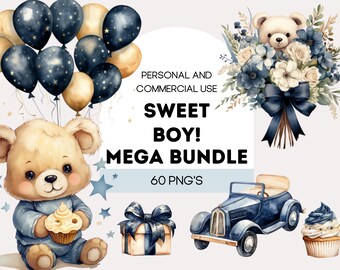 Könnte beinhalten: Aquarellillustrationen mit einem Teddybären, Luftballons, einem Blumenstrauß, einer Geschenkbox, einem Oldtimer und Cupcakes. Der Text lautet "Sweet Boy! Mega Bundle 60 PNG's". Die Farbpalette umfasst Marineblau, Gold und Beige.