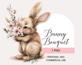 Watercolor Bunny Clipart: Floral Bouquet PNG (Digital Download)