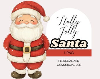 May include: A cartoon illustration of Santa Claus wearing a red suit, with a white beard and a jolly expression. The text "Holly Jolly Santa" is written in black cursive script above the image. The text "1 PNG" is written in black text below the image. The text "Personal and Commercial Use" is written in black text below the image.