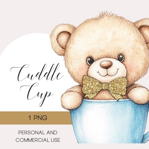 Clipart di orsacchiotto in tazza, PNG di orsetto con papillon glitterato dorato, Clipart di acquerello, Download digitale di un grazioso baby shower, Arte per bambini, Uso commerciale