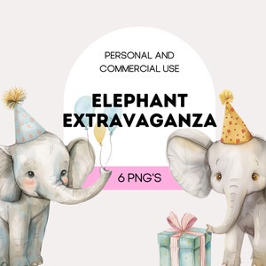 Elephant Extravaganza: Jungle Party Watercolor Clipart Set - Instant Download for Birthday & Celebration Projects - Commercial Use Included