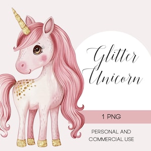 Pink Unicorn Clipart with Gold Glitter Horn, Cute Unicorn PNG, 300 DPI High-Resolution Digital Download, Personal and Commercial Use