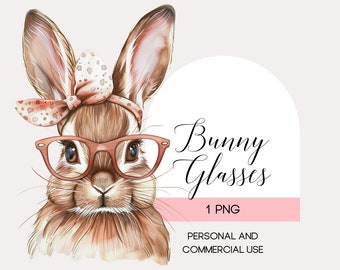 Bunny with Glasses Clipart, Watercolor Rabbit PNG (Digital Download)