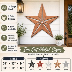 Pu&ograve; includere: Una decorazione da parete a forma di stella a cinque punte realizzata in acciaio calibro 18 con una finitura in rame testurizzato. La stella presenta un design centrale ritagliato ed &egrave; esposta su una parete bianca. Include il testo Die Cut Metal Signs.