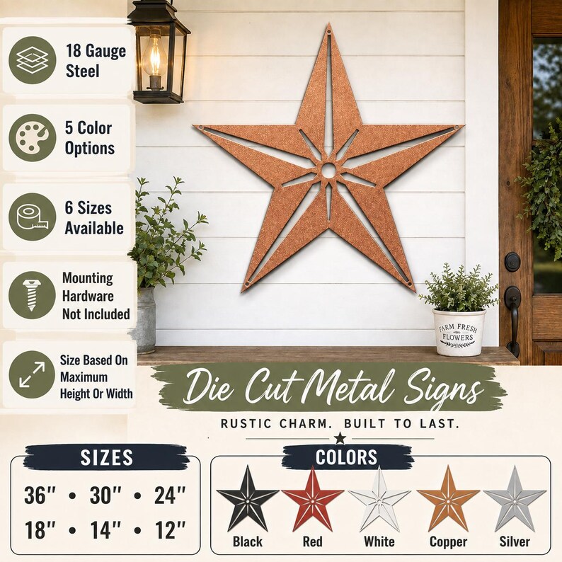 Pu&ograve; includere: Una decorazione da parete a forma di stella a cinque punte realizzata in acciaio calibro 18 con una finitura in rame testurizzato. La stella presenta un design centrale ritagliato ed &egrave; esposta su una parete bianca. Include il testo Die Cut Metal Signs.