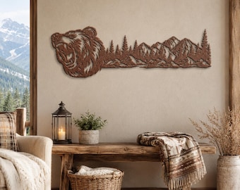 Rustic Bear Mountain Metal Sign, Wilderness Forest Cabin Wall Decor, Lodge Wildlife Steel Art, Masculine Nature Home Gift, Entryway Accent