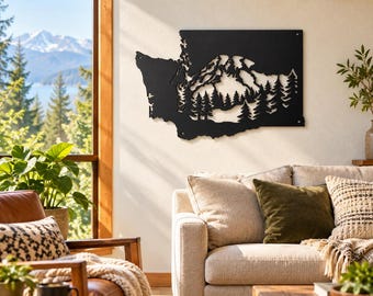 Washington State Metal Sign, Mountain Evergreen Wall Art, Pacific Northwest Cabin Decor, Forest Silhouette, Rustic Housewarming Gift