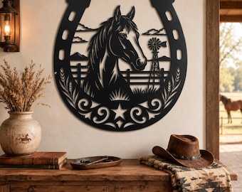 Horse Ranch Metal Sign, Rustic Horseshoe Wall Decor, Western Farmhouse Barn Art, Equestrian Country Entryway Accent