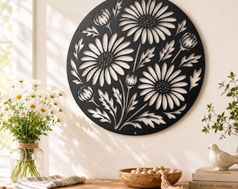 Daisy Die Cut Metal Sign, Round Floral Wall Decor, Botanical Steel Plaque, Spring Garden Home Art, Farmhouse Cottage Housewarming Gift